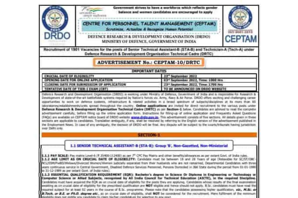 DRDO CEPTAM 10 Recruitment 2022