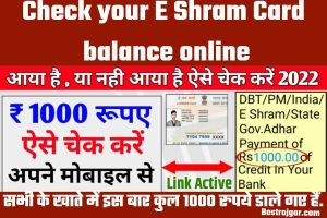 Check your E Shram Card balance online:- सभी के खाते में इस बार कुल 1000 रुपये डाले गए हैं.